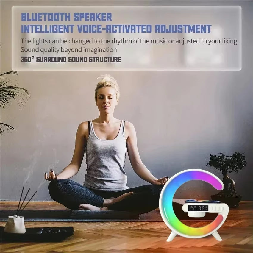 Multifunction RGB Light Bluetooth Speaker Alarm Clock with 15W Wireless Charger