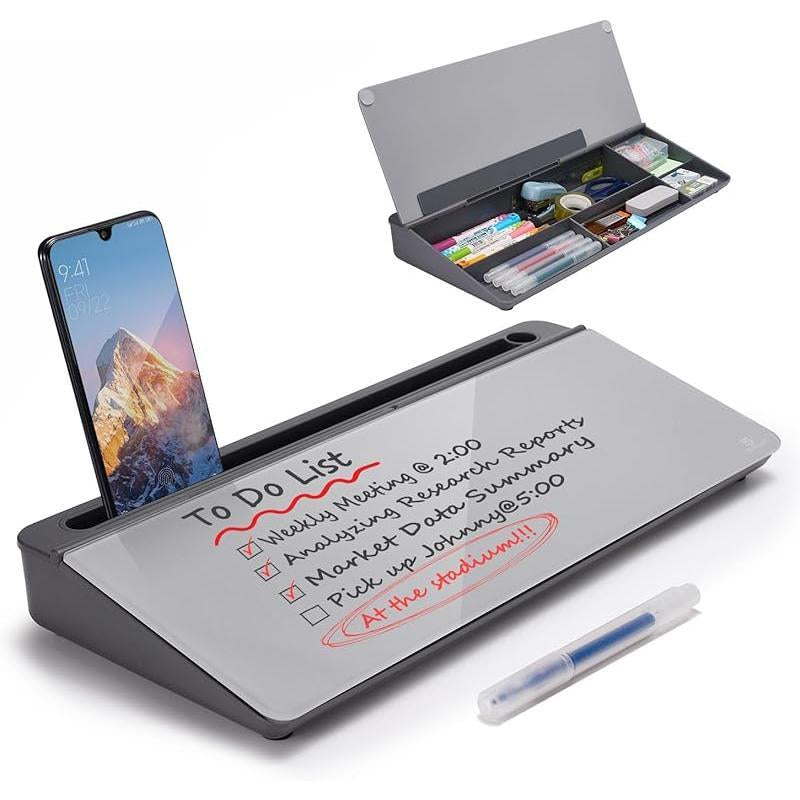 Small Glass Desktop Whiteboard Dry-Erase-Board - Computer Keyboard Stand White Board Surface Pad with Drawer, Desk Organizers with Accessories for Office, Home, School Supplies