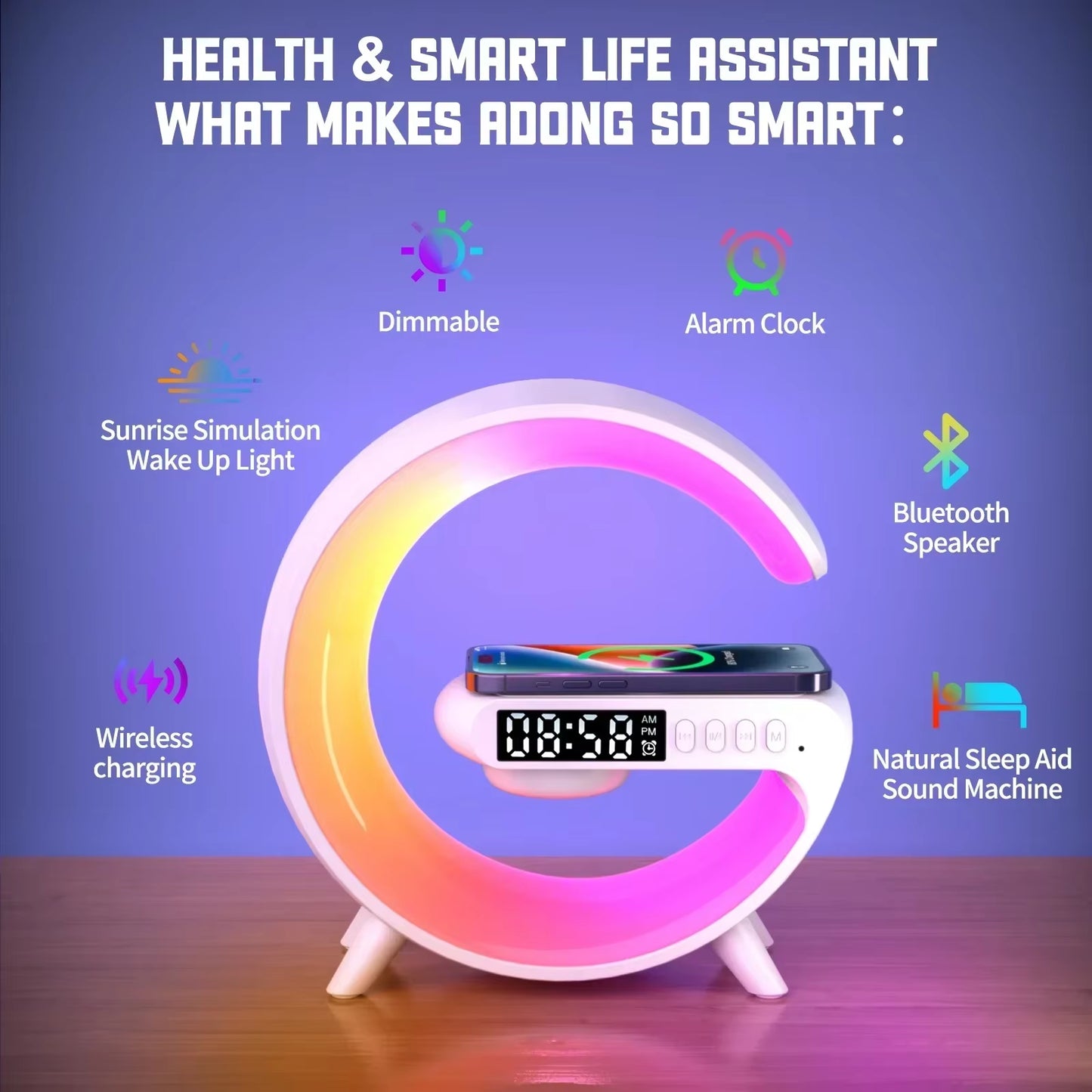 Multifunction RGB Light Bluetooth Speaker Alarm Clock with 15W Wireless Charger