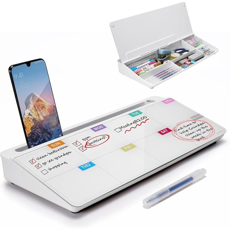 Small Glass Desktop Whiteboard Dry-Erase-Board - Computer Keyboard Stand White Board Surface Pad with Drawer, Desk Organizers with Accessories for Office, Home, School Supplies