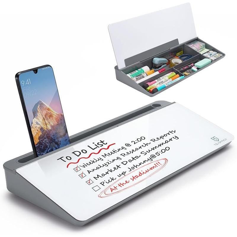 Small Glass Desktop Whiteboard Dry-Erase-Board - Computer Keyboard Stand White Board Surface Pad with Drawer, Desk Organizers with Accessories for Office, Home, School Supplies