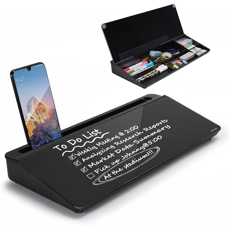 Small Glass Desktop Whiteboard Dry-Erase-Board - Computer Keyboard Stand White Board Surface Pad with Drawer, Desk Organizers with Accessories for Office, Home, School Supplies