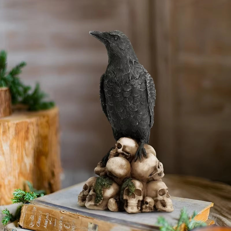 Halloween| ERMAKOVA Gothic Resin Sculpture – Black Cat & Crow Skull Figurine