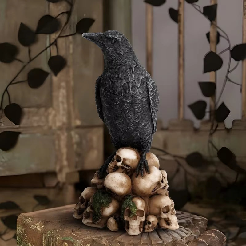 Halloween| ERMAKOVA Gothic Resin Sculpture – Black Cat & Crow Skull Figurine