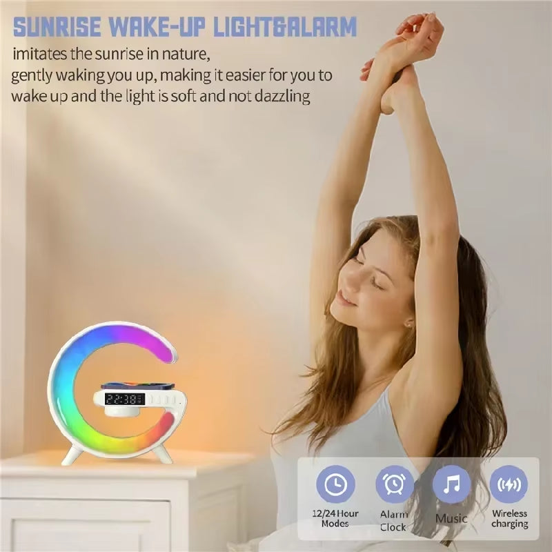 Multifunction RGB Light Bluetooth Speaker Alarm Clock with 15W Wireless Charger