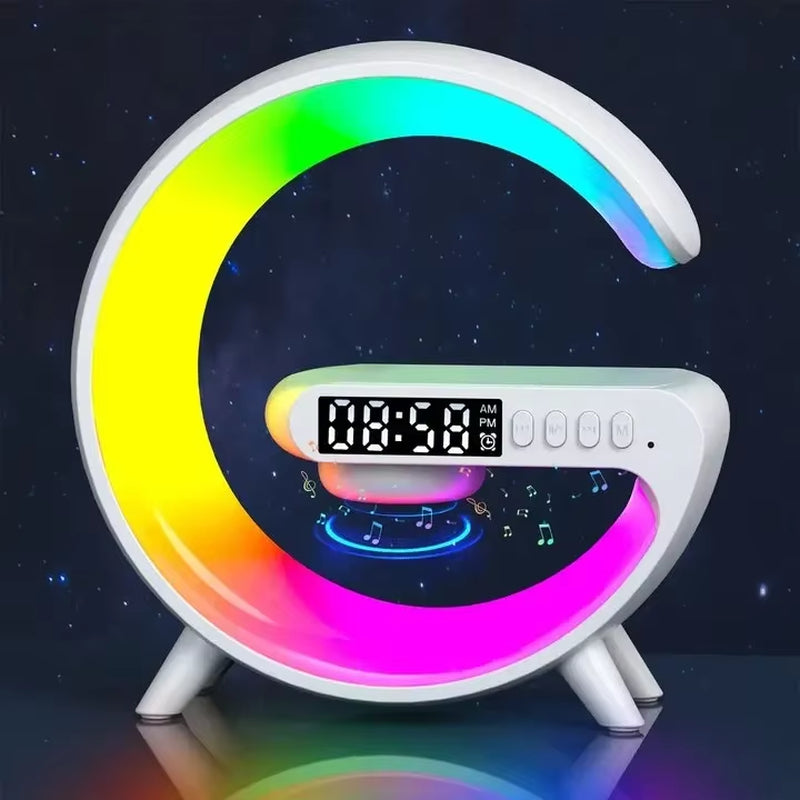 Multifunction RGB Light Bluetooth Speaker Alarm Clock with 15W Wireless Charger