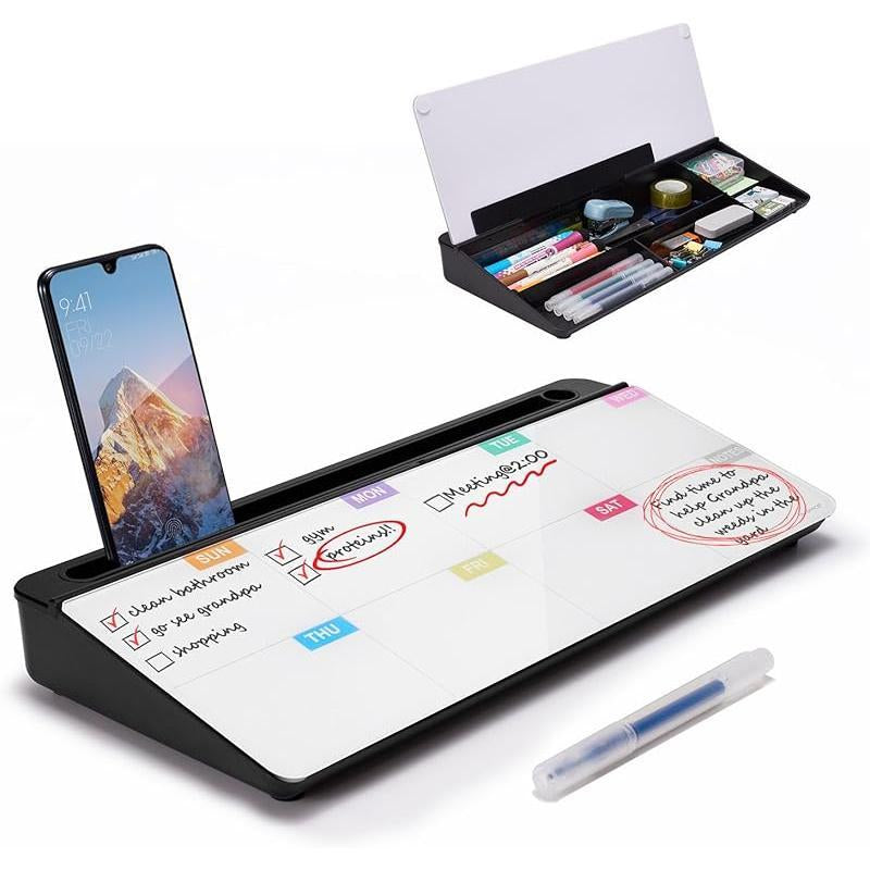 Small Glass Desktop Whiteboard Dry-Erase-Board - Computer Keyboard Stand White Board Surface Pad with Drawer, Desk Organizers with Accessories for Office, Home, School Supplies