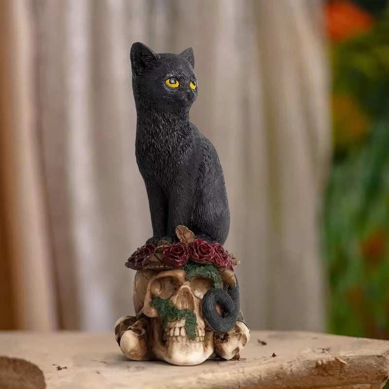 Halloween| ERMAKOVA Gothic Resin Sculpture – Black Cat & Crow Skull Figurine
