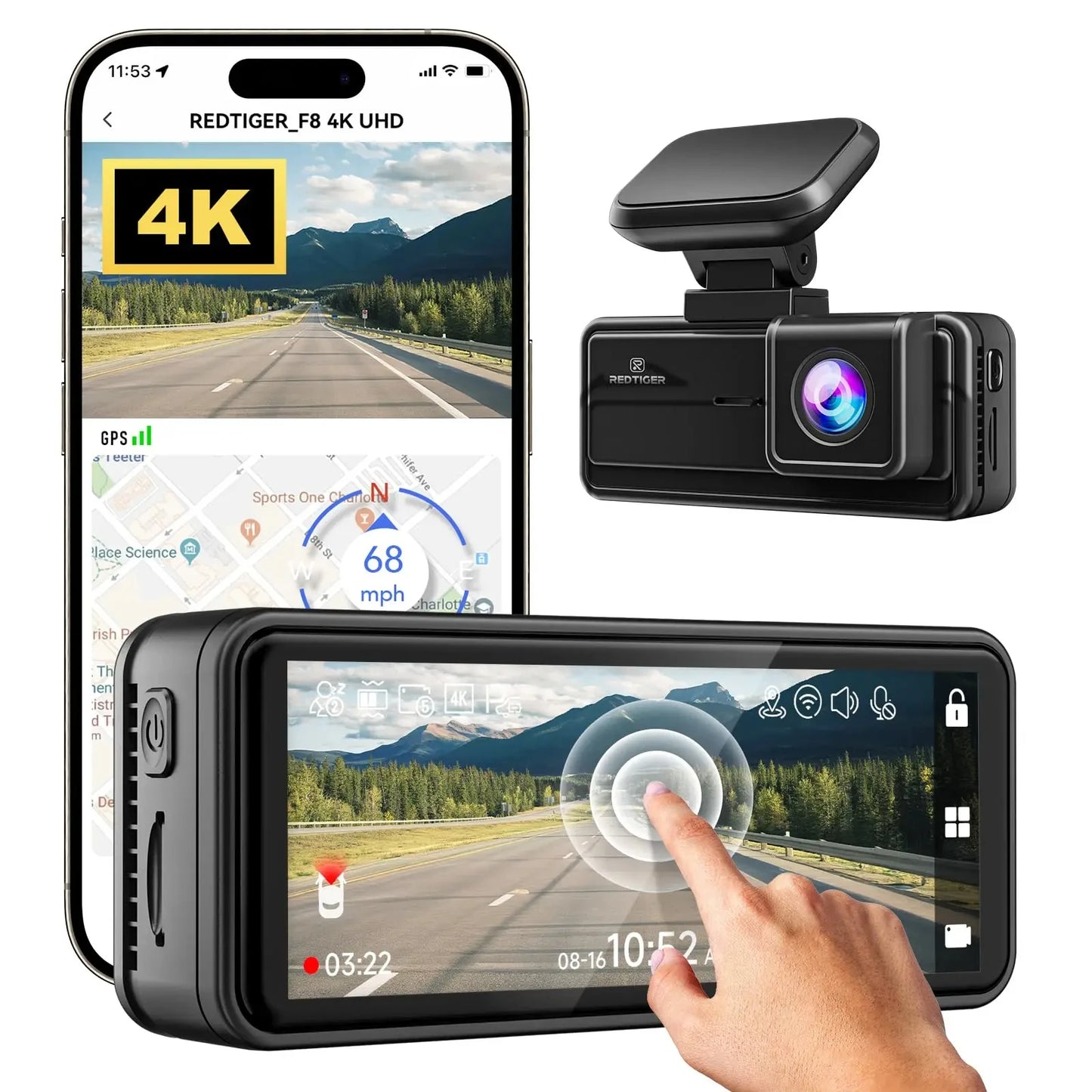 REDTIGER F8 4K + 1080P WiFi Dash Cam with GPS