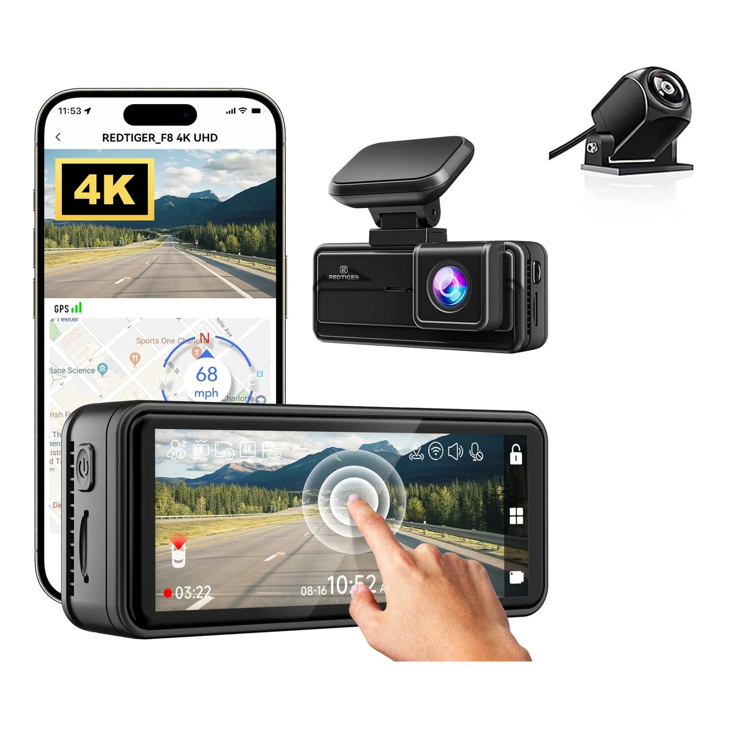 REDTIGER F8 4K + 1080P WiFi Dash Cam with GPS