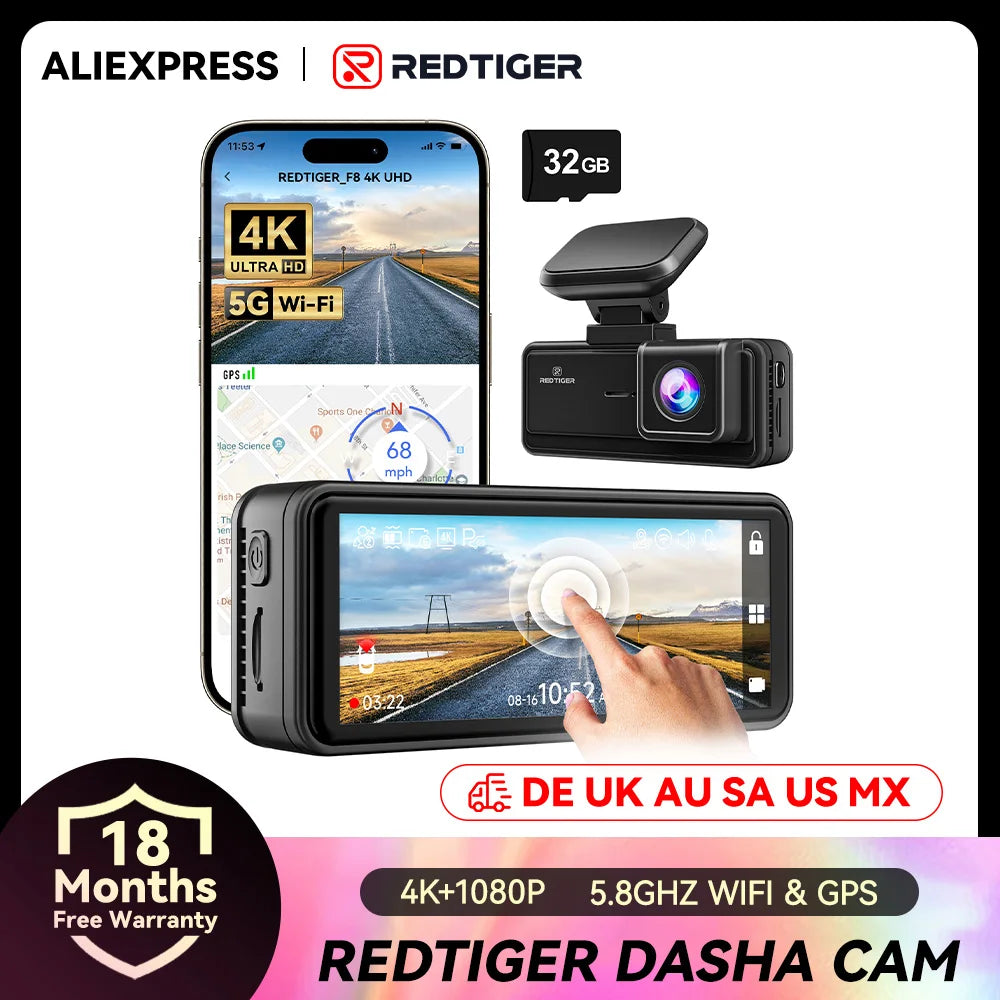 REDTIGER F8 4K + 1080P WiFi Dash Cam with GPS