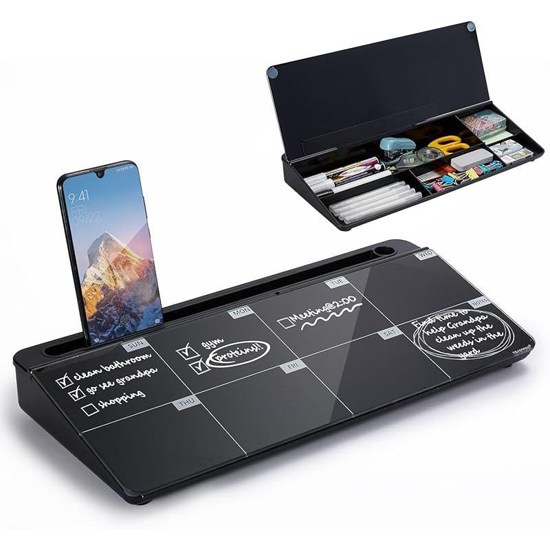 Small Glass Desktop Whiteboard Dry-Erase-Board - Computer Keyboard Stand White Board Surface Pad with Drawer, Desk Organizers with Accessories for Office, Home, School Supplies