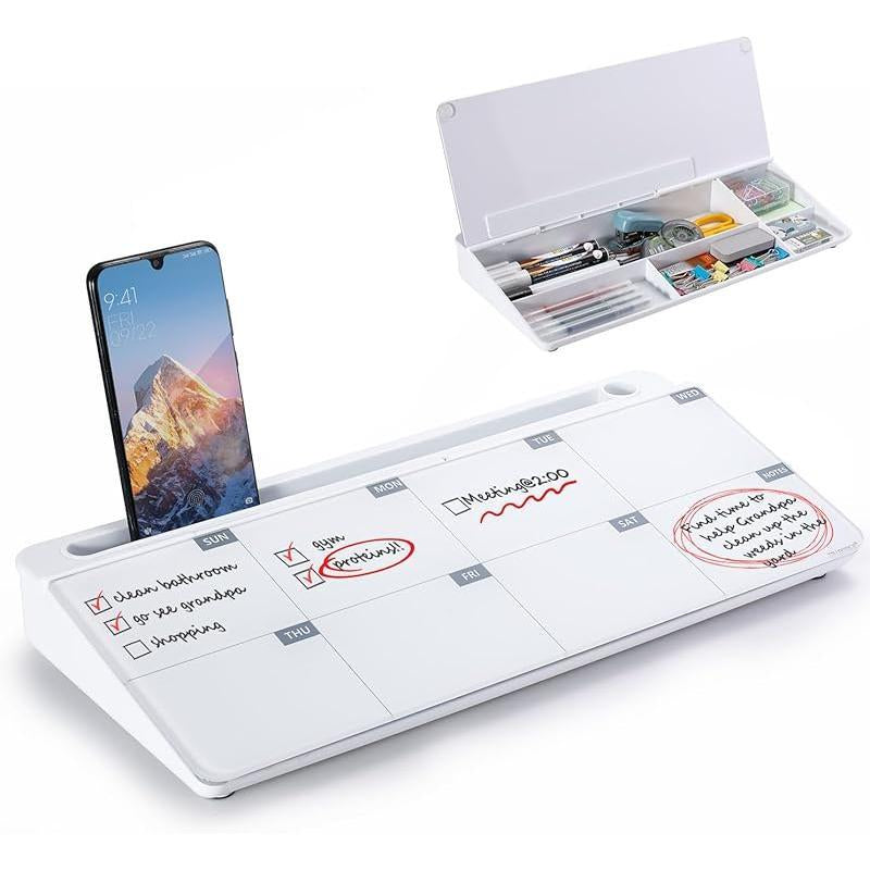 Small Glass Desktop Whiteboard Dry-Erase-Board - Computer Keyboard Stand White Board Surface Pad with Drawer, Desk Organizers with Accessories for Office, Home, School Supplies