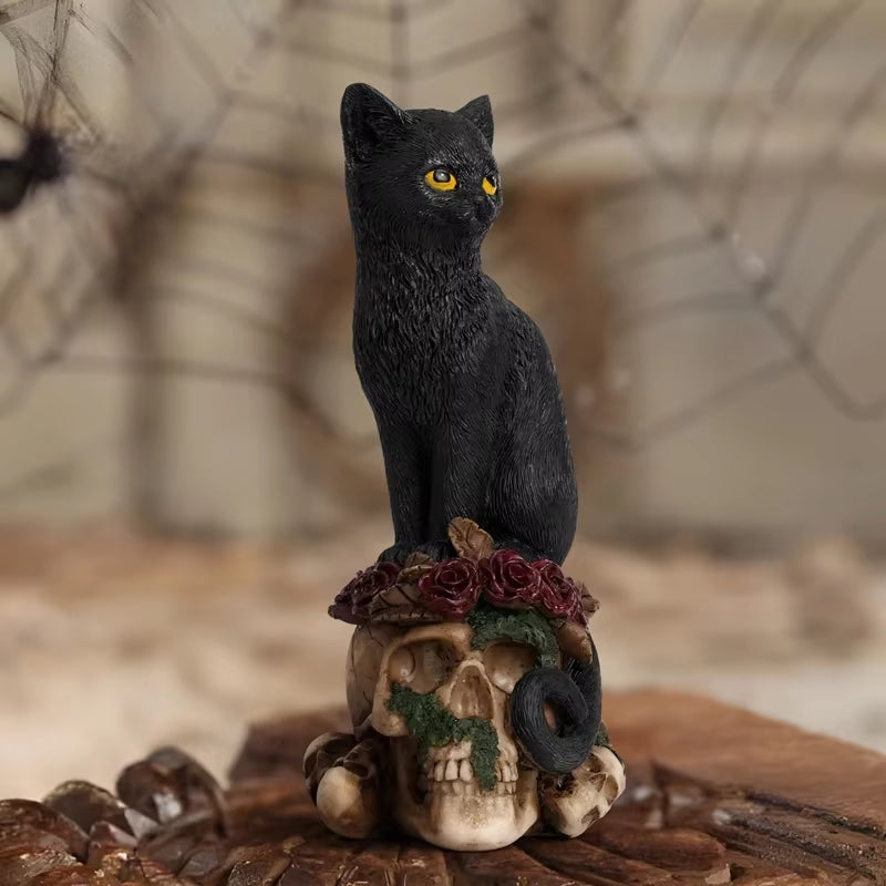 Halloween| ERMAKOVA Gothic Resin Sculpture – Black Cat & Crow Skull Figurine