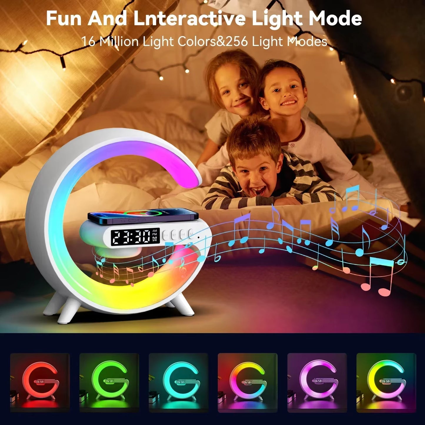 Multifunction RGB Light Bluetooth Speaker Alarm Clock with 15W Wireless Charger