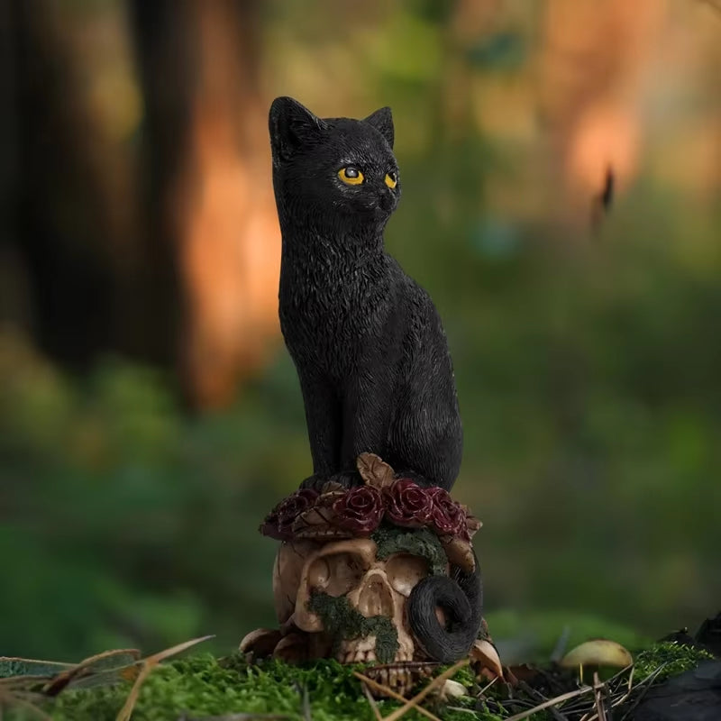 Halloween| ERMAKOVA Gothic Resin Sculpture – Black Cat & Crow Skull Figurine