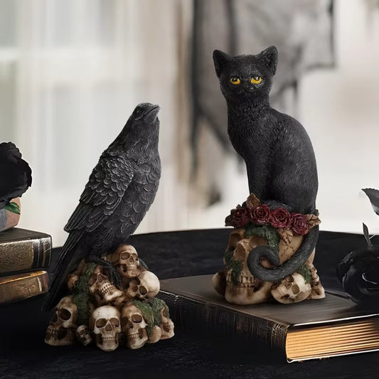 Halloween| ERMAKOVA Gothic Resin Sculpture – Black Cat & Crow Skull Figurine