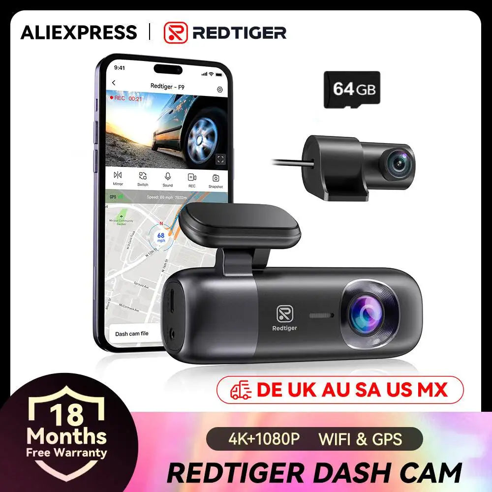 📹 Ultimate Road Surveillance: The REDTIGER F9 4K Front and Rear Dash Cam with 64GB
