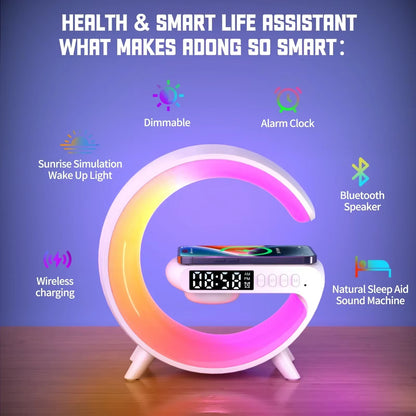 Multifunction RGB Light Bluetooth Speaker Alarm Clock with 15W Wireless Charger