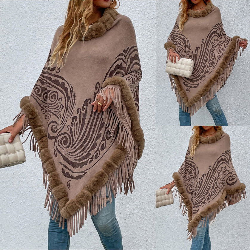 Winter New Wool Collar Pullover Tassel Shawl Sweater Cloak