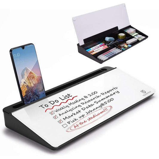 Small Glass Desktop Whiteboard Dry-Erase-Board - Computer Keyboard Stand White Board Surface Pad with Drawer, Desk Organizers with Accessories for Office, Home, School Supplies