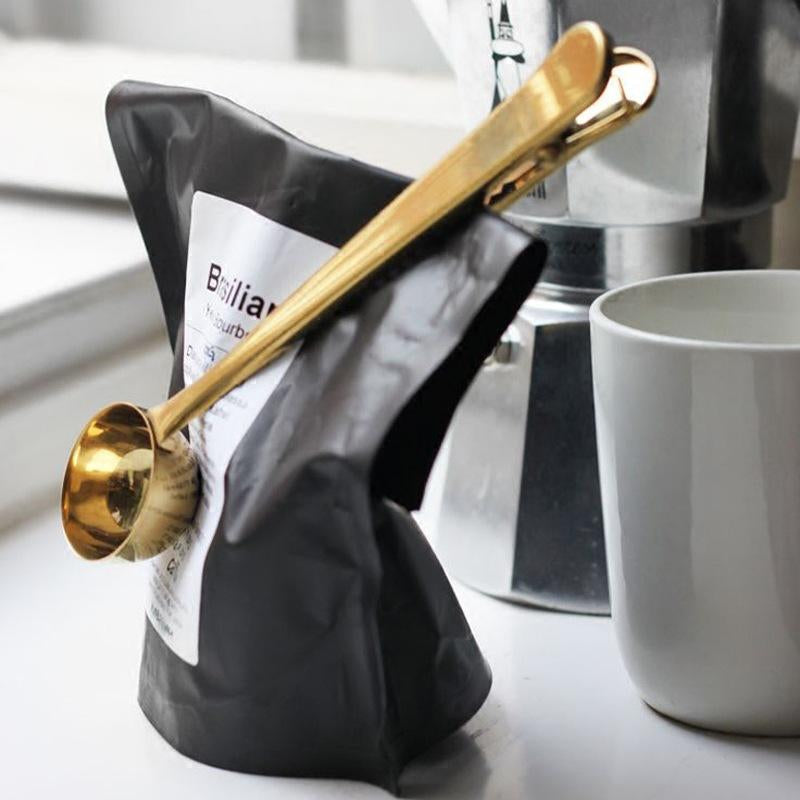 ☕ The Barista’s Bond: 2-in-1 Stainless Steel Coffee Scoop & Bag Clip
