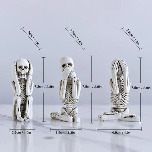 3Pcs Resin Skull Statue-Terror Home with Wall Decor for Halloween with "Don'T Listen, Don'T Speak" Pattern Horror Theme Escape Room Scene Decor Posing Skull Realistic Human Skeleton Decor