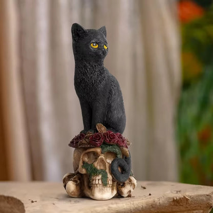 Halloween| ERMAKOVA Gothic Resin Sculpture – Black Cat & Crow Skull Figurine