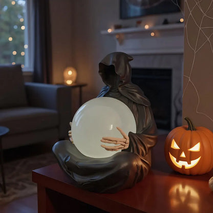 Halloween | Death God Crystal Ball Statue with Motion LED Lights — Gothic Grim Reaper Décor