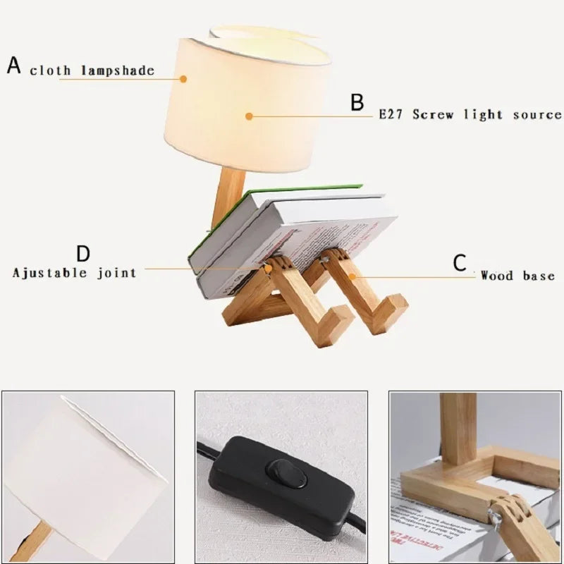 💡 Light Up Your Creativity: The Adjustable Robot-Shape Wooden Table Lamp