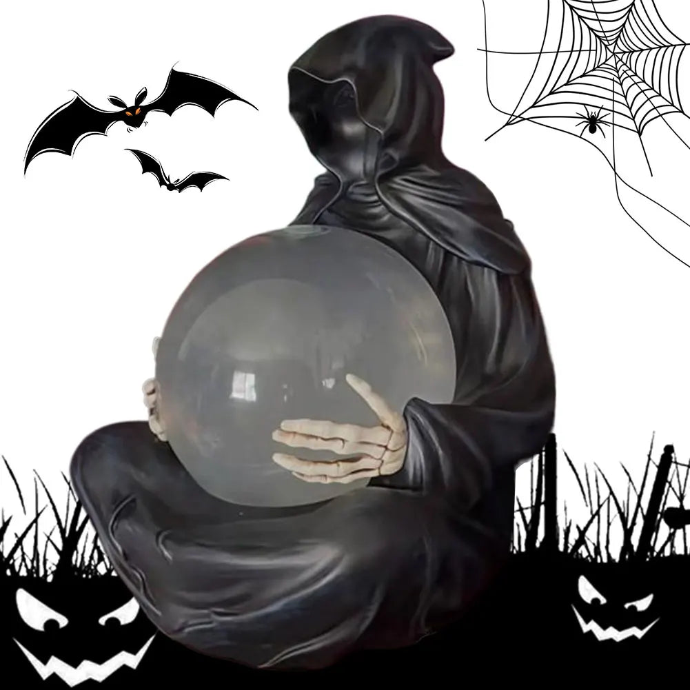 Halloween | Death God Crystal Ball Statue with Motion LED Lights — Gothic Grim Reaper Décor