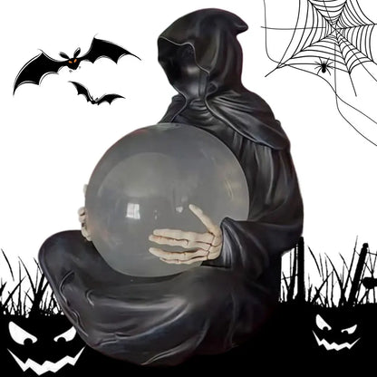 Halloween | Death God Crystal Ball Statue with Motion LED Lights — Gothic Grim Reaper Décor