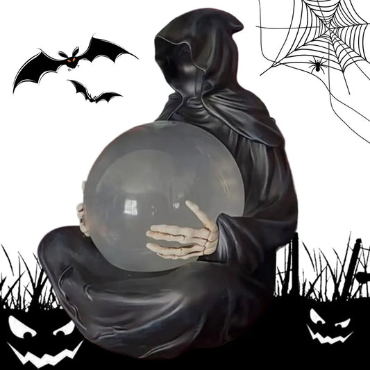 Halloween | Death God Crystal Ball Statue with Motion LED Lights — Gothic Grim Reaper Décor