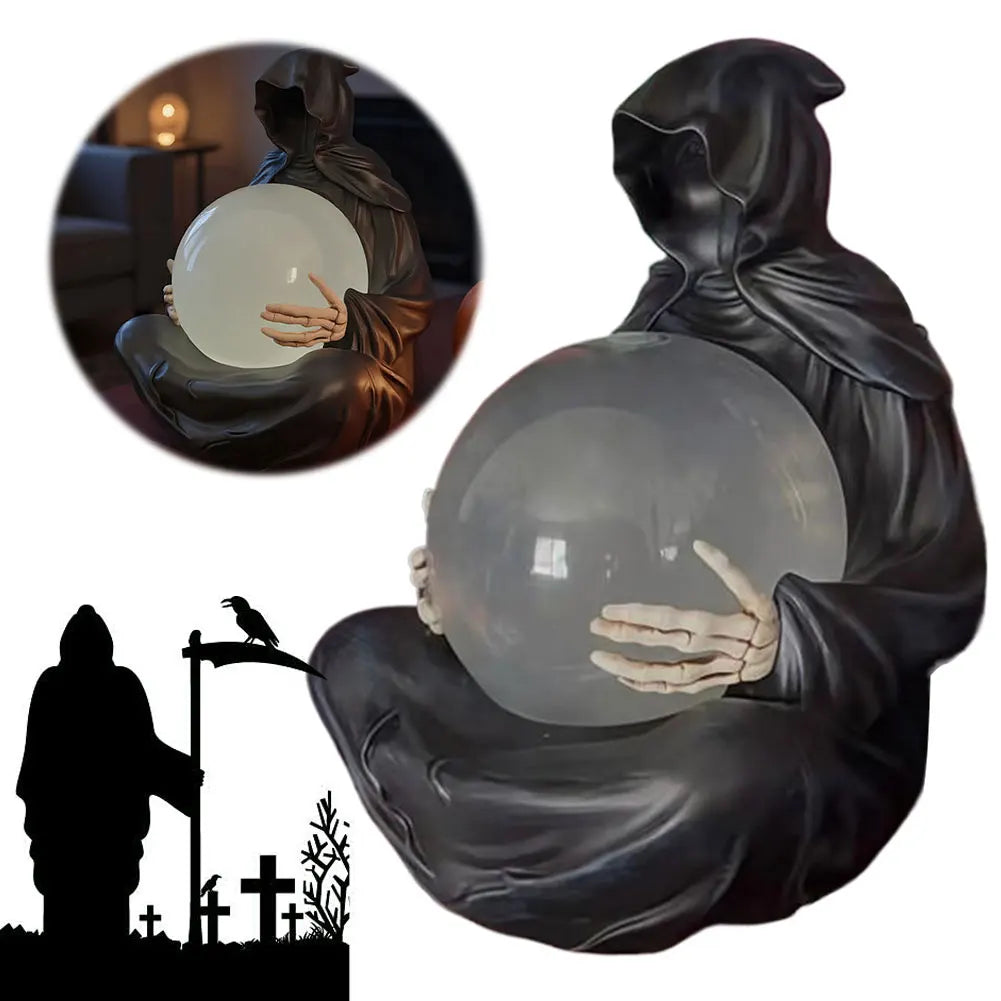 Halloween | Death God Crystal Ball Statue with Motion LED Lights — Gothic Grim Reaper Décor