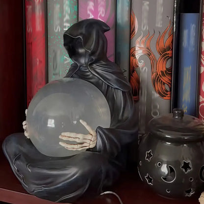 Halloween | Death God Crystal Ball Statue with Motion LED Lights — Gothic Grim Reaper Décor