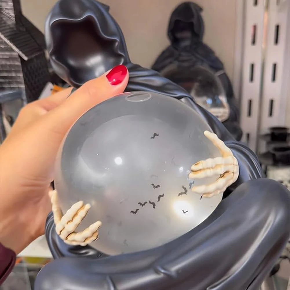 Halloween | Death God Crystal Ball Statue with Motion LED Lights — Gothic Grim Reaper Décor