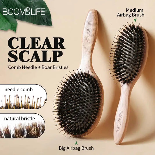 🌿 The Natural Radiance: Boar Bristle & Oak Wood Scalp Massage Brush