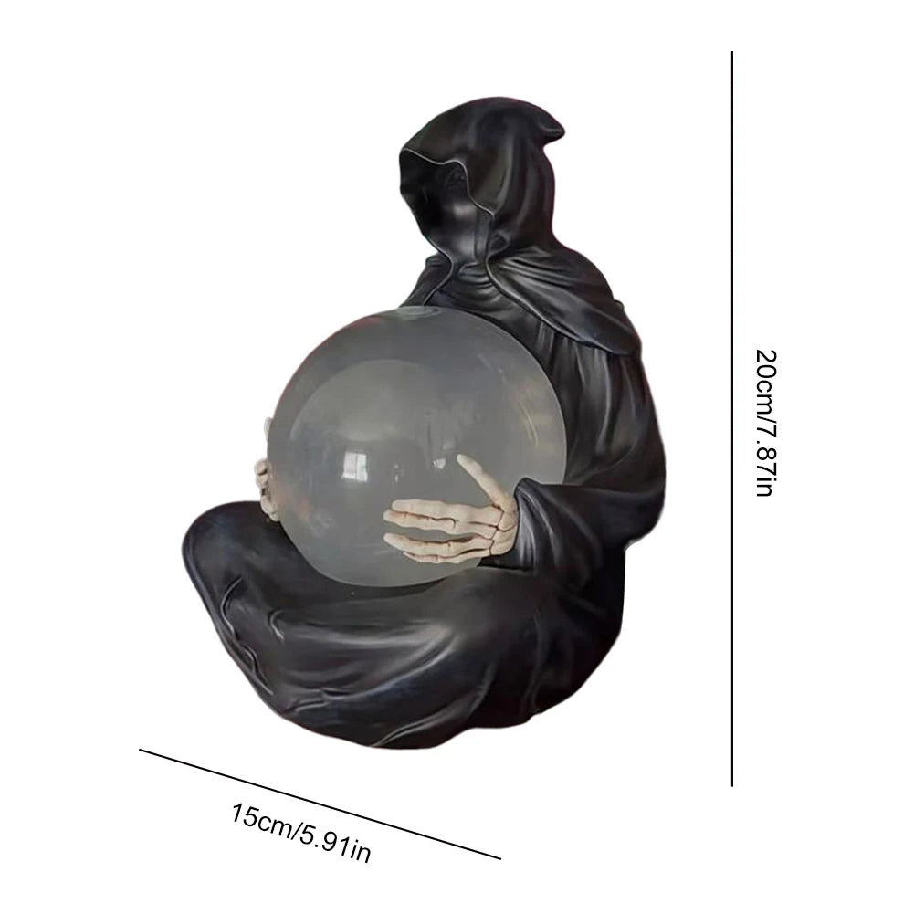 Halloween | Death God Crystal Ball Statue with Motion LED Lights — Gothic Grim Reaper Décor