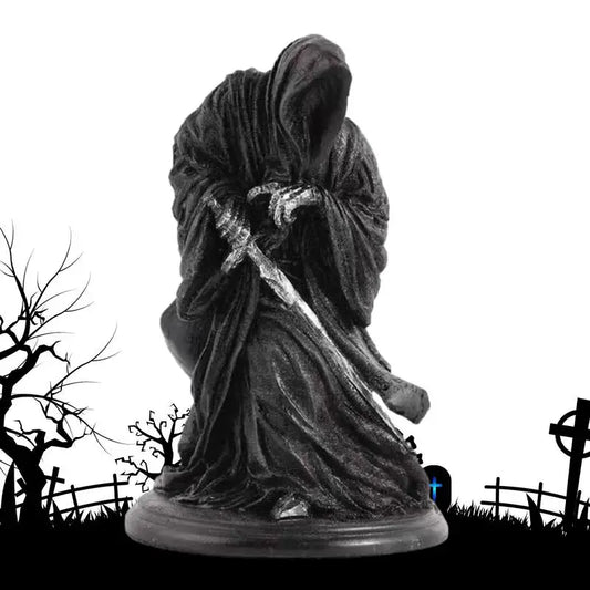 Grim Reaper Decor Black Tunic Robe Statue of Holy Death Santa Muerte Gothic Holding Scythe Figurine for Halloween Party Decor