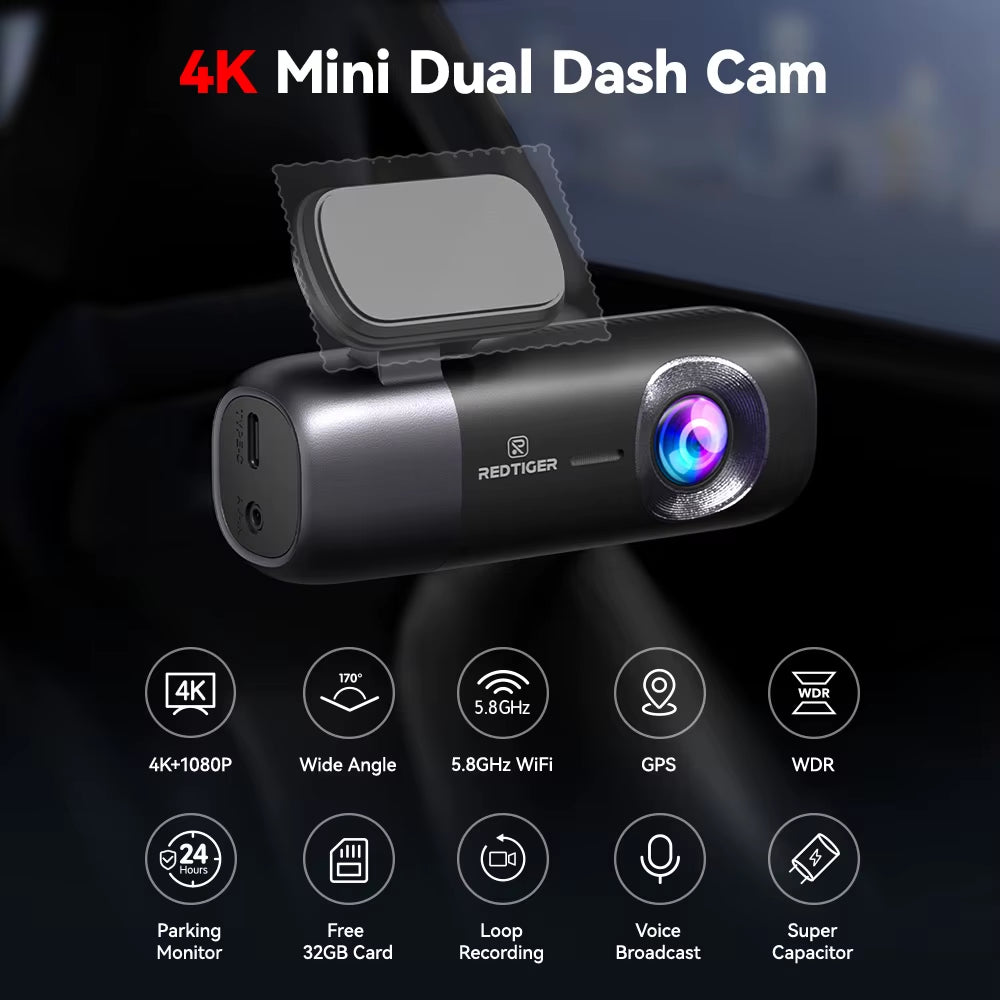 📹 Ultimate Road Surveillance: The REDTIGER F9 4K Front and Rear Dash Cam with 64GB