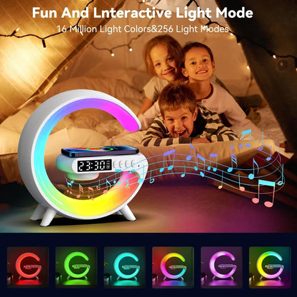 Multifunction RGB Light Bluetooth Speaker Alarm Clock with 15W Wireless Charger