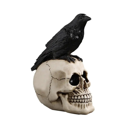 Halloween Raven on Skull Decoration Gothic Crow on Skull Statue, Bird Perching on Skeleton Figurine Ossuary Sculpture