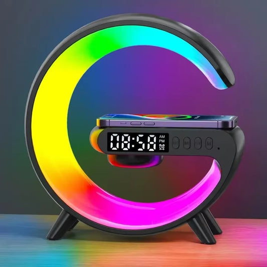 Multifunction RGB Light Bluetooth Speaker Alarm Clock with 15W Wireless Charger
